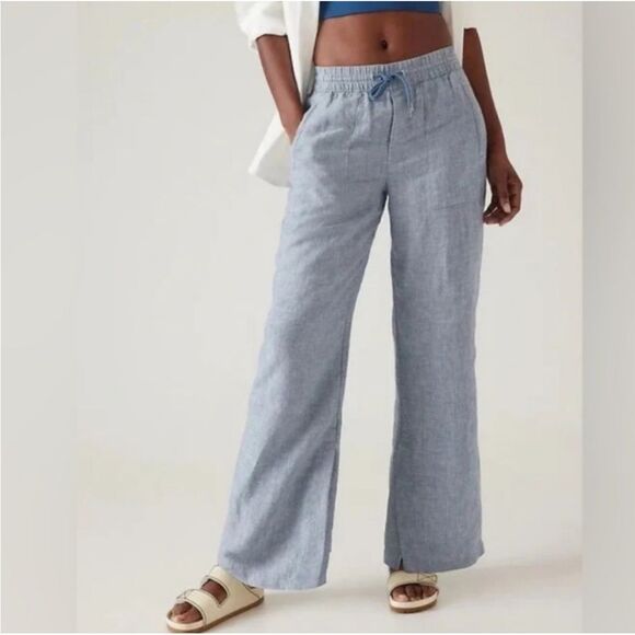 Athleta Retreat Linen Wide Leg Pants Blue Linen Pockets Boho Minimalist Coastal - Picture 1 of 16